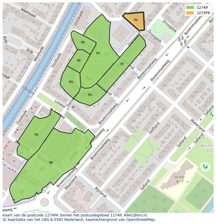 Afbeelding van het postcodegebied 1274 PK op de kaart.