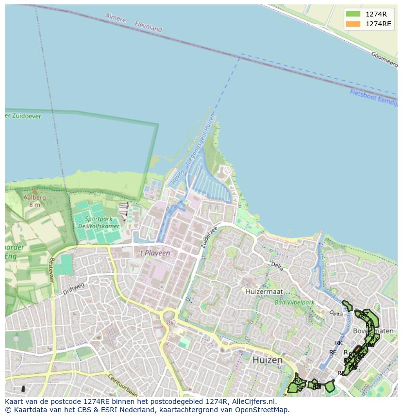 Afbeelding van het postcodegebied 1274 RE op de kaart.