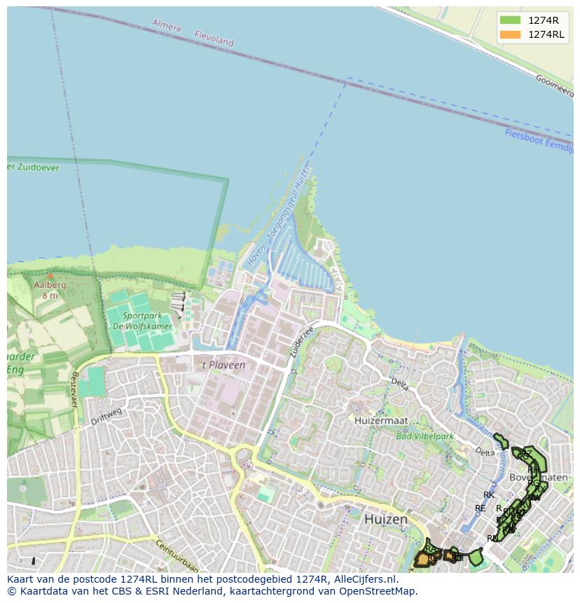 Afbeelding van het postcodegebied 1274 RL op de kaart.