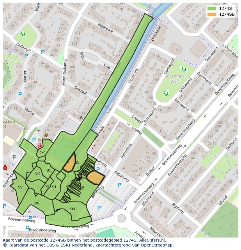 Afbeelding van het postcodegebied 1274 SB op de kaart.