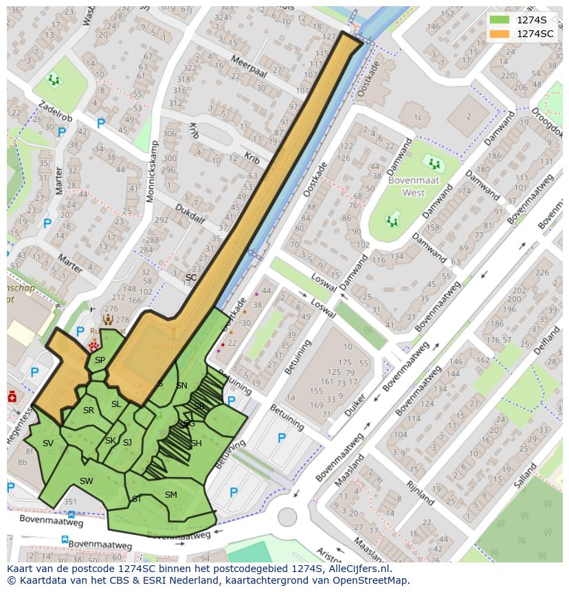 Afbeelding van het postcodegebied 1274 SC op de kaart.