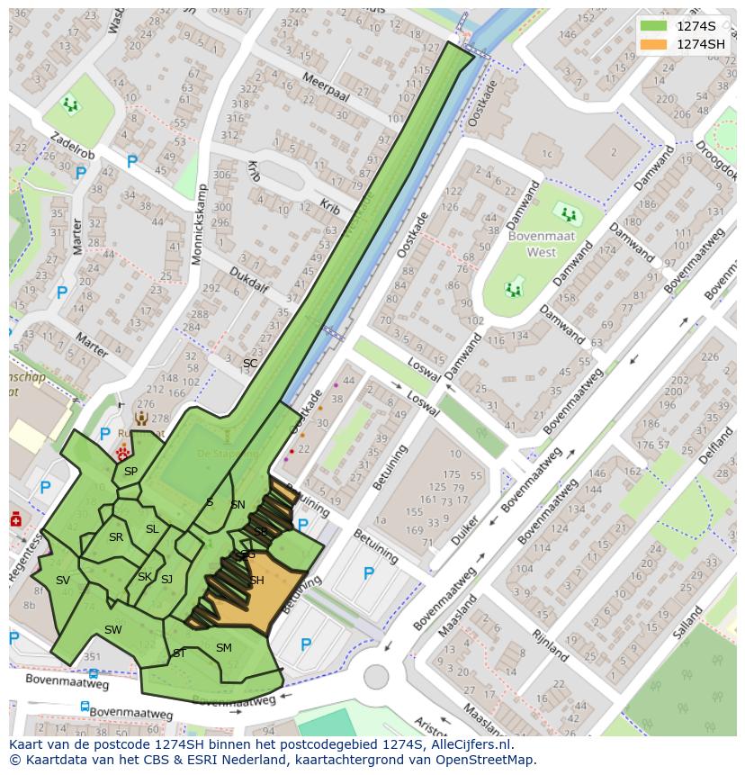 Afbeelding van het postcodegebied 1274 SH op de kaart.