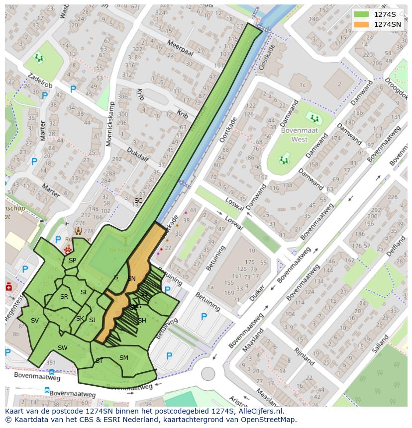 Afbeelding van het postcodegebied 1274 SN op de kaart.