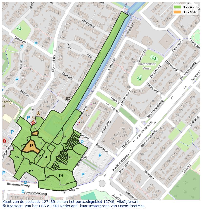 Afbeelding van het postcodegebied 1274 SR op de kaart.