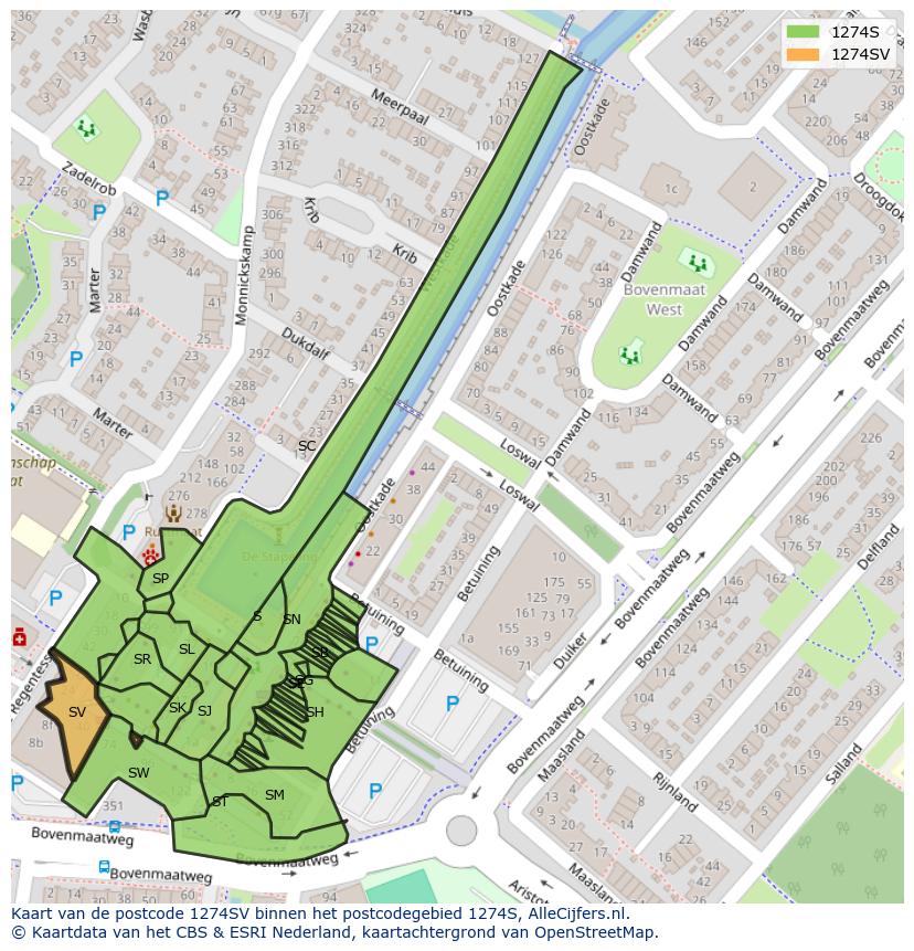 Afbeelding van het postcodegebied 1274 SV op de kaart.