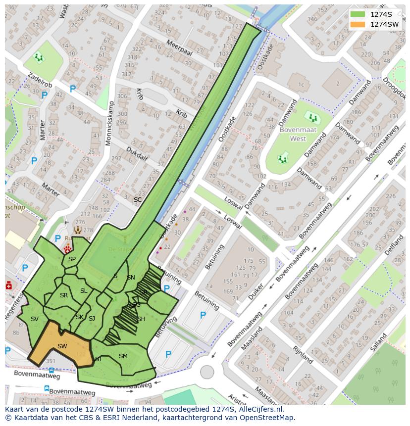 Afbeelding van het postcodegebied 1274 SW op de kaart.