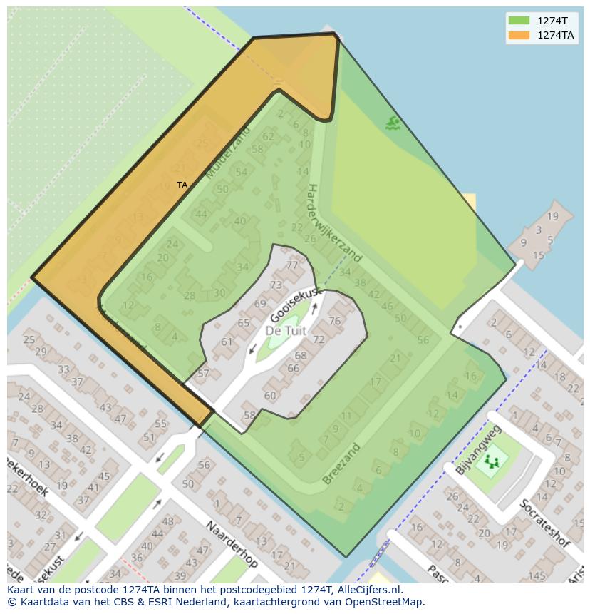 Afbeelding van het postcodegebied 1274 TA op de kaart.