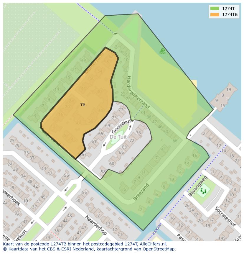 Afbeelding van het postcodegebied 1274 TB op de kaart.