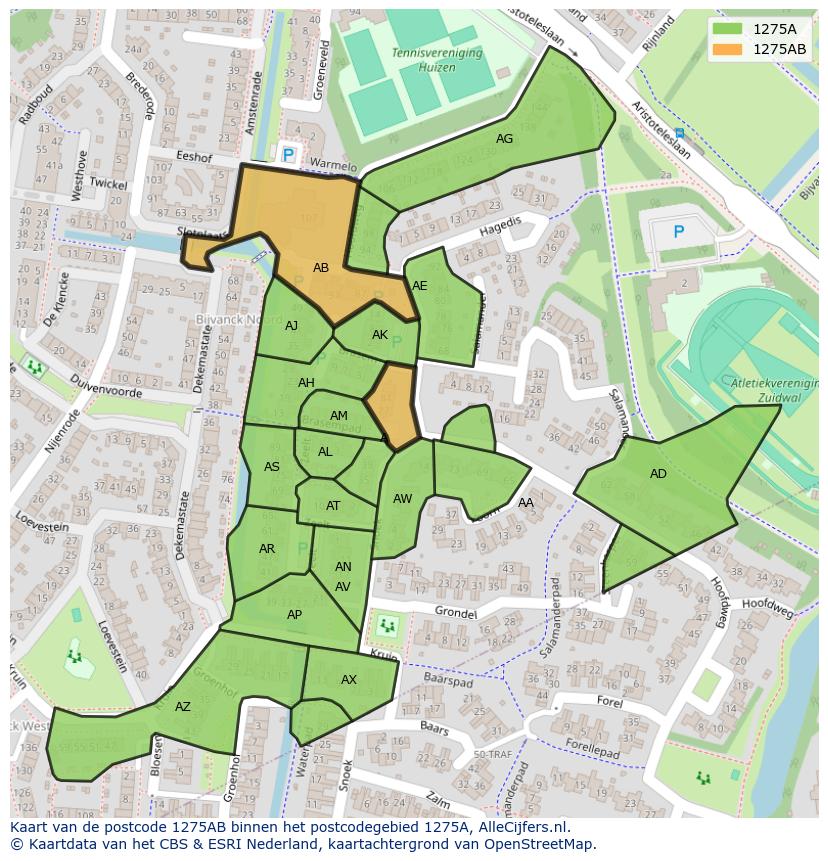 Afbeelding van het postcodegebied 1275 AB op de kaart.