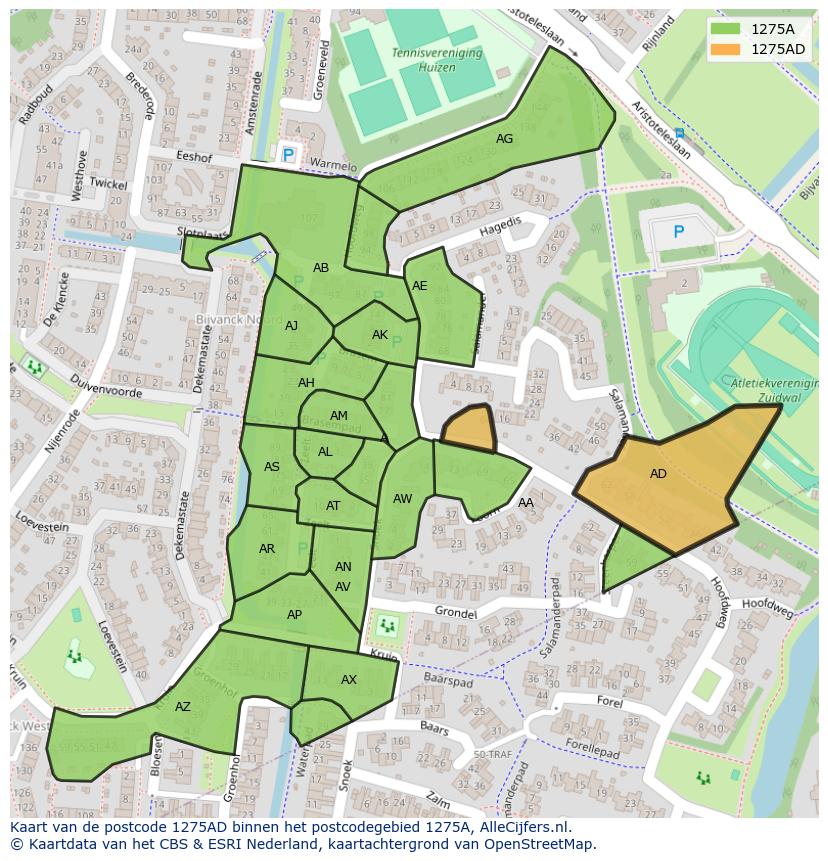 Afbeelding van het postcodegebied 1275 AD op de kaart.
