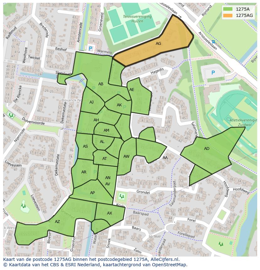 Afbeelding van het postcodegebied 1275 AG op de kaart.