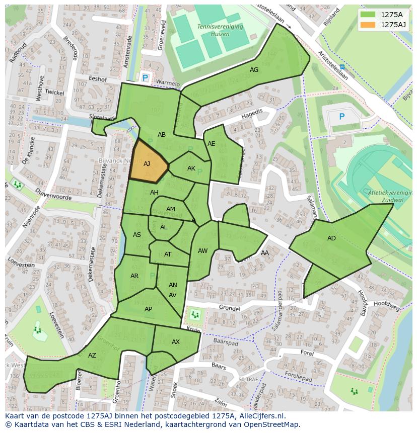 Afbeelding van het postcodegebied 1275 AJ op de kaart.