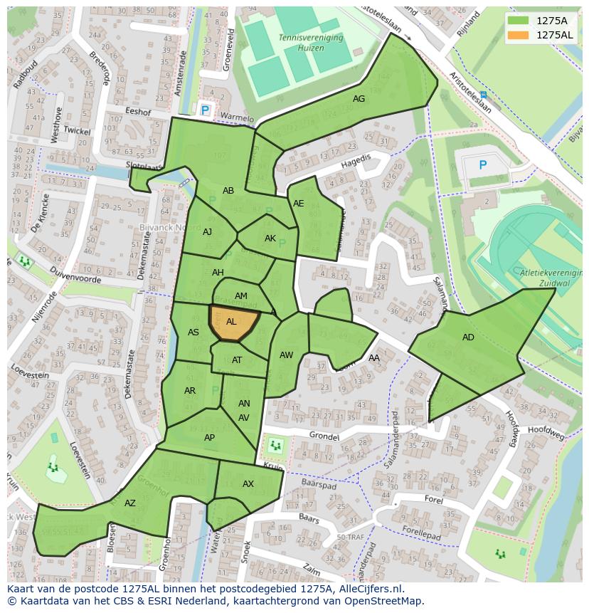 Afbeelding van het postcodegebied 1275 AL op de kaart.