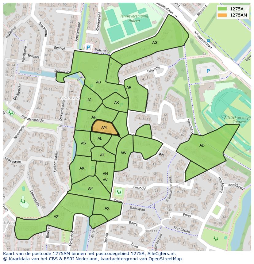 Afbeelding van het postcodegebied 1275 AM op de kaart.
