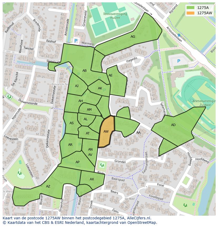 Afbeelding van het postcodegebied 1275 AW op de kaart.