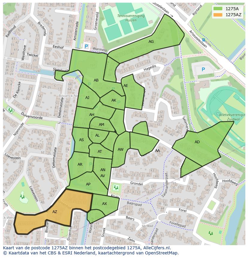 Afbeelding van het postcodegebied 1275 AZ op de kaart.