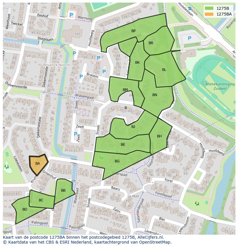 Afbeelding van het postcodegebied 1275 BA op de kaart.