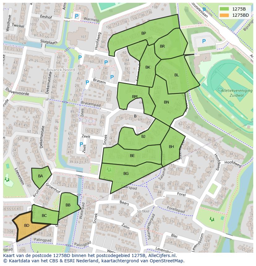 Afbeelding van het postcodegebied 1275 BD op de kaart.