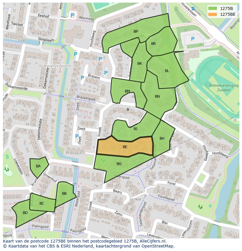 Afbeelding van het postcodegebied 1275 BE op de kaart.
