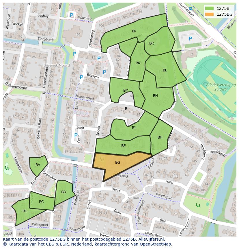 Afbeelding van het postcodegebied 1275 BG op de kaart.