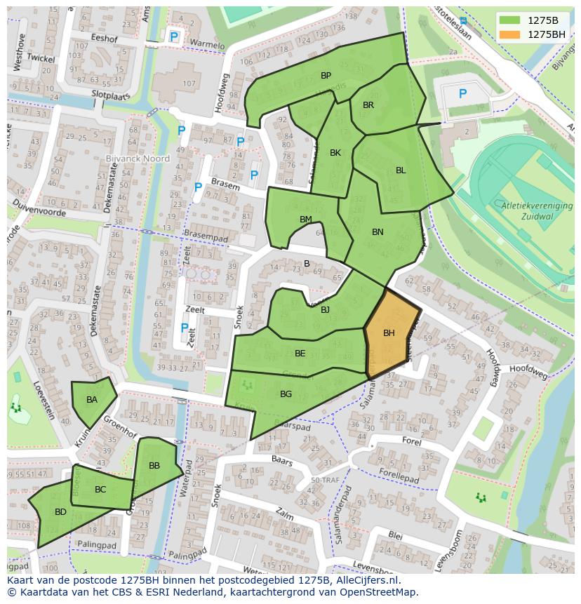 Afbeelding van het postcodegebied 1275 BH op de kaart.