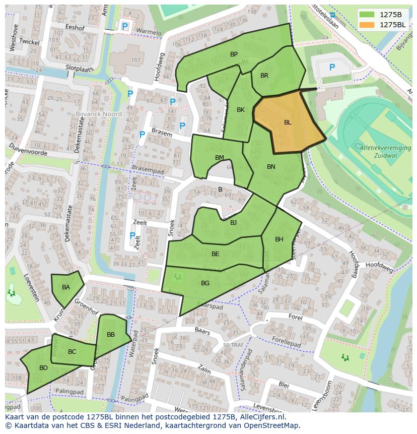 Afbeelding van het postcodegebied 1275 BL op de kaart.
