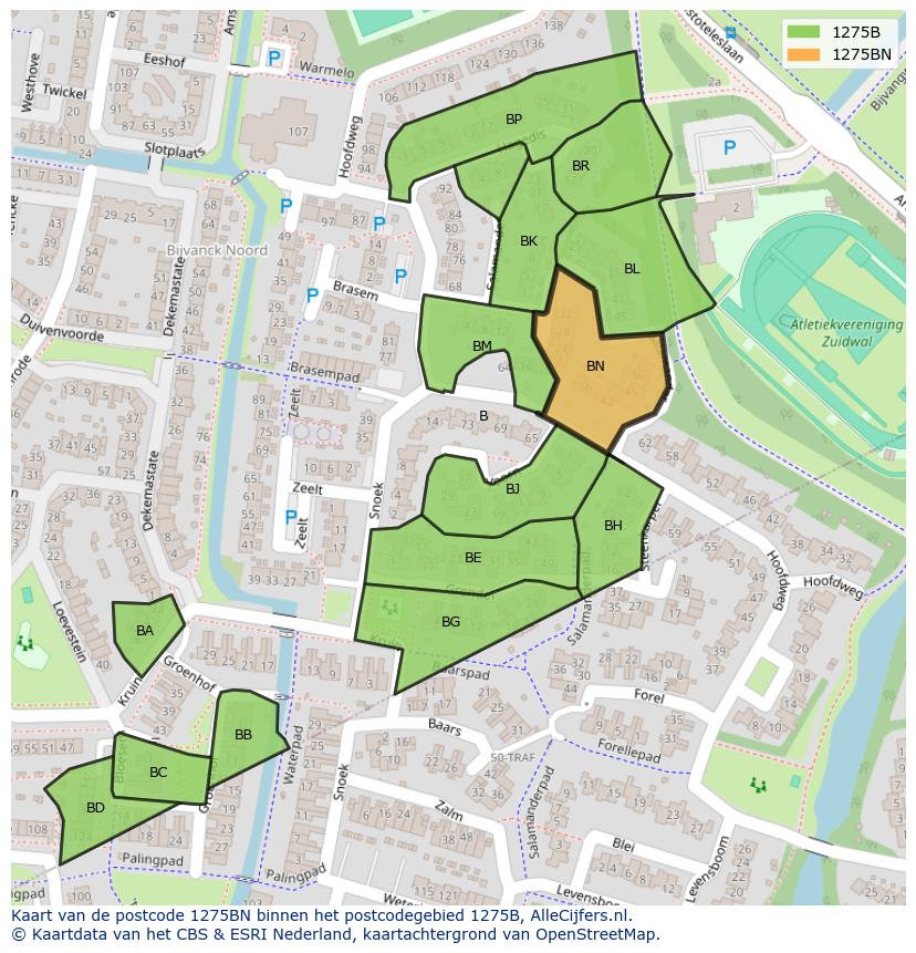 Afbeelding van het postcodegebied 1275 BN op de kaart.