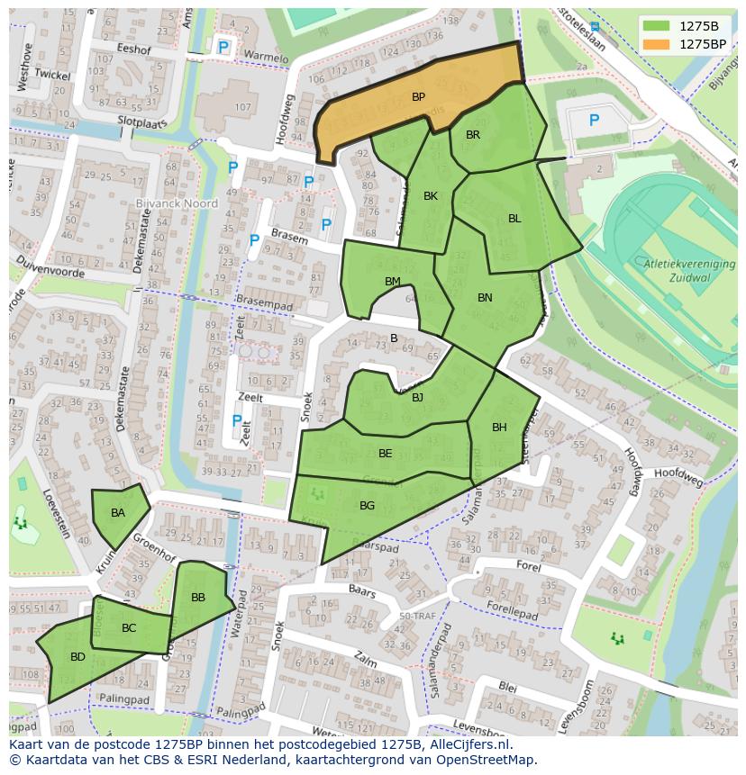 Afbeelding van het postcodegebied 1275 BP op de kaart.