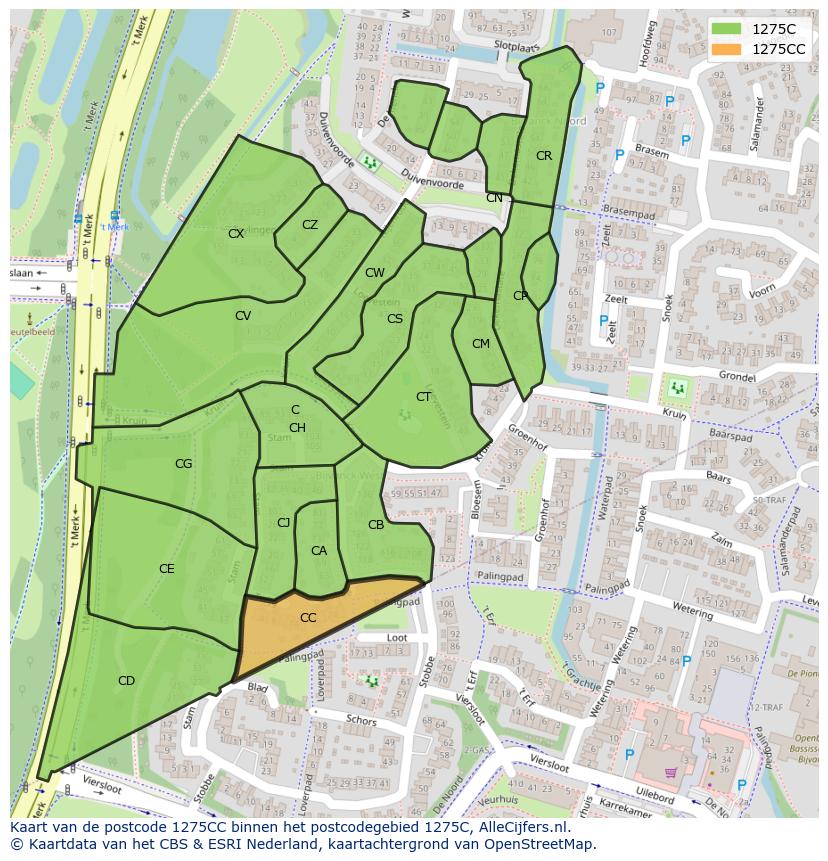 Afbeelding van het postcodegebied 1275 CC op de kaart.
