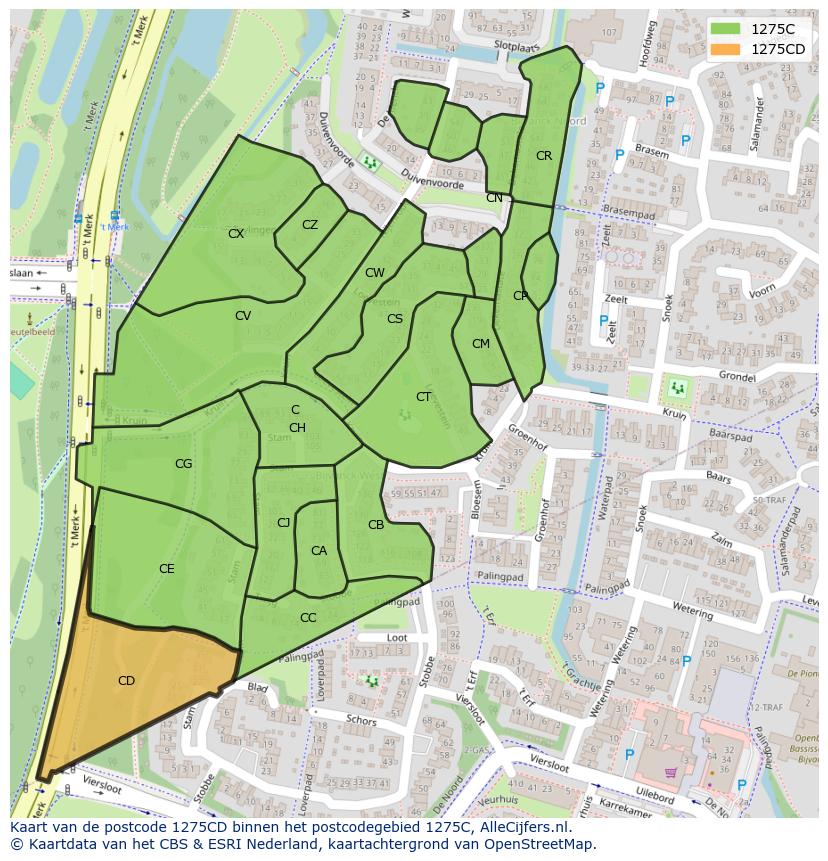Afbeelding van het postcodegebied 1275 CD op de kaart.