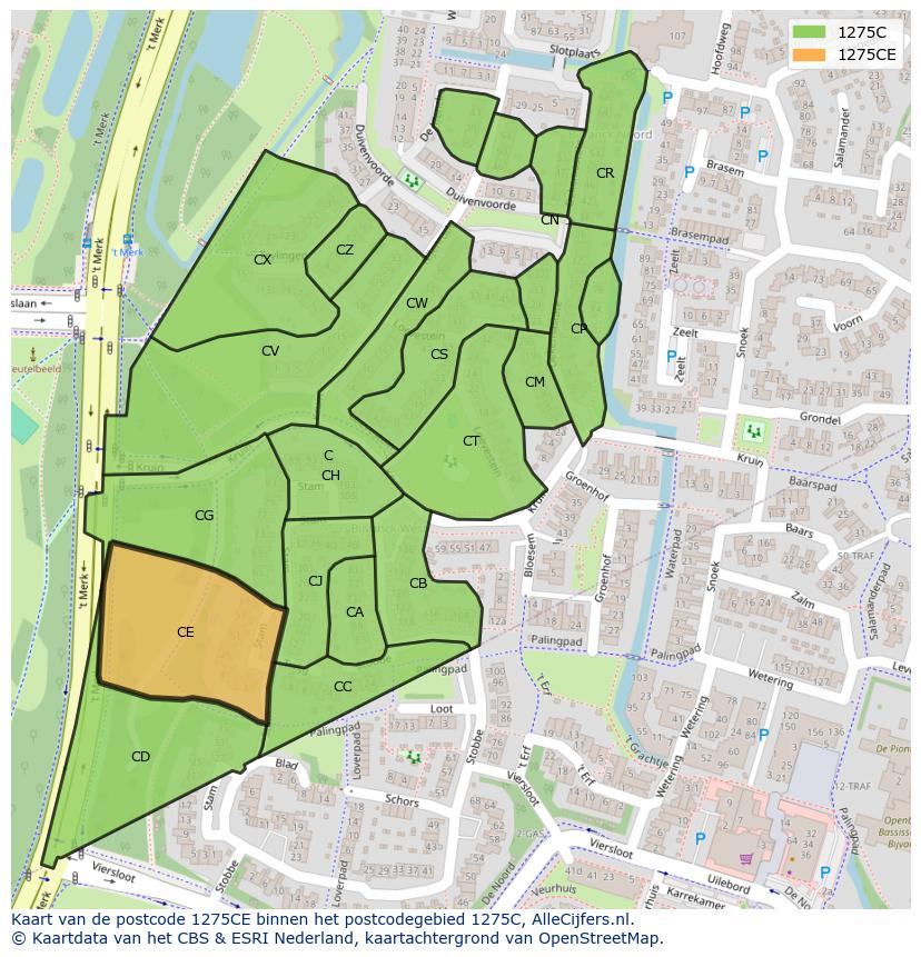 Afbeelding van het postcodegebied 1275 CE op de kaart.