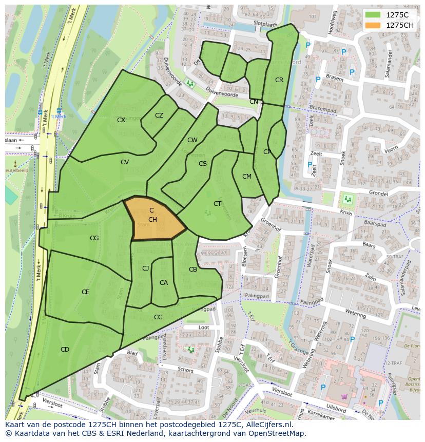 Afbeelding van het postcodegebied 1275 CH op de kaart.