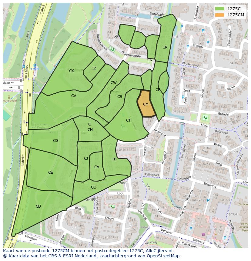 Afbeelding van het postcodegebied 1275 CM op de kaart.
