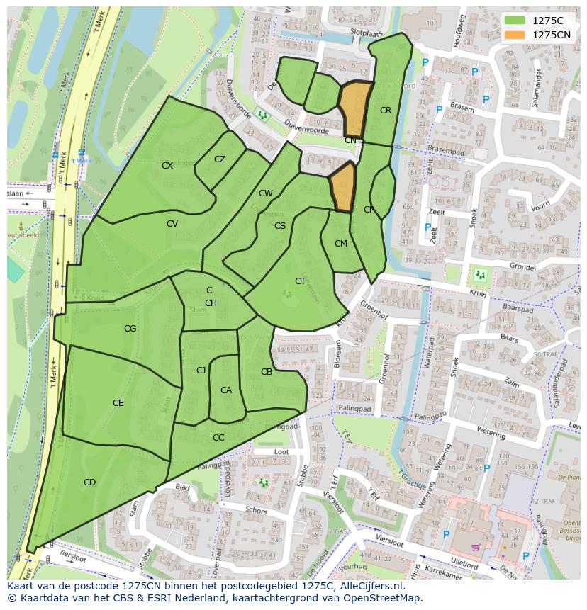 Afbeelding van het postcodegebied 1275 CN op de kaart.