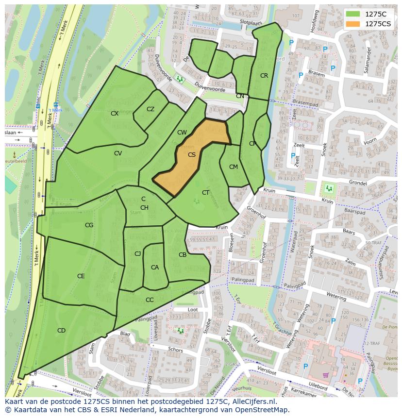 Afbeelding van het postcodegebied 1275 CS op de kaart.