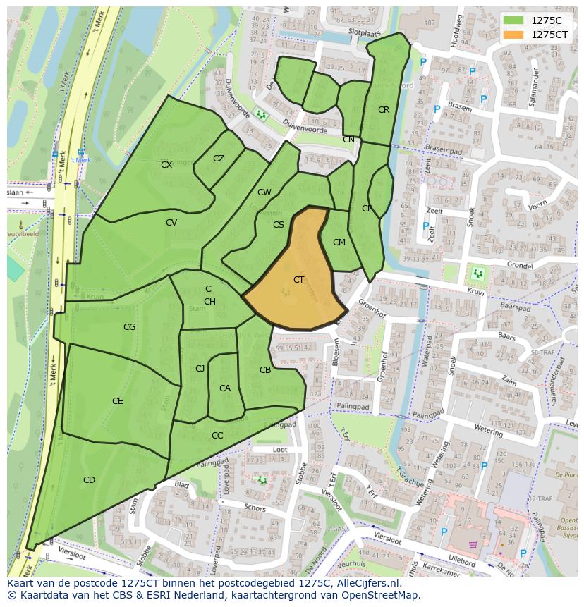 Afbeelding van het postcodegebied 1275 CT op de kaart.