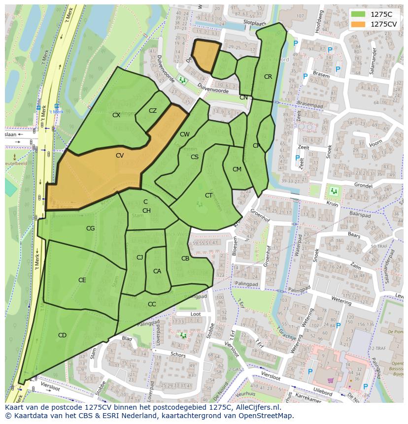 Afbeelding van het postcodegebied 1275 CV op de kaart.