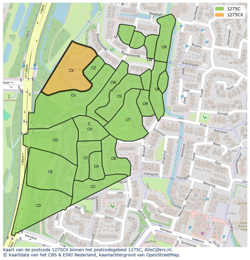 Afbeelding van het postcodegebied 1275 CX op de kaart.