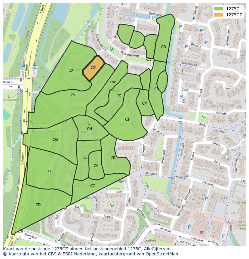 Afbeelding van het postcodegebied 1275 CZ op de kaart.
