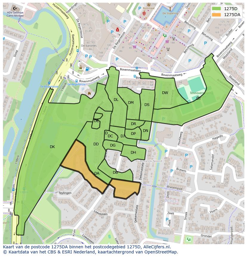 Afbeelding van het postcodegebied 1275 DA op de kaart.