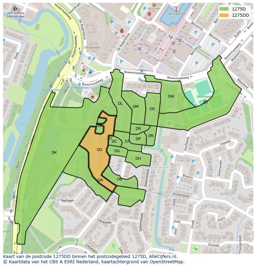 Afbeelding van het postcodegebied 1275 DD op de kaart.