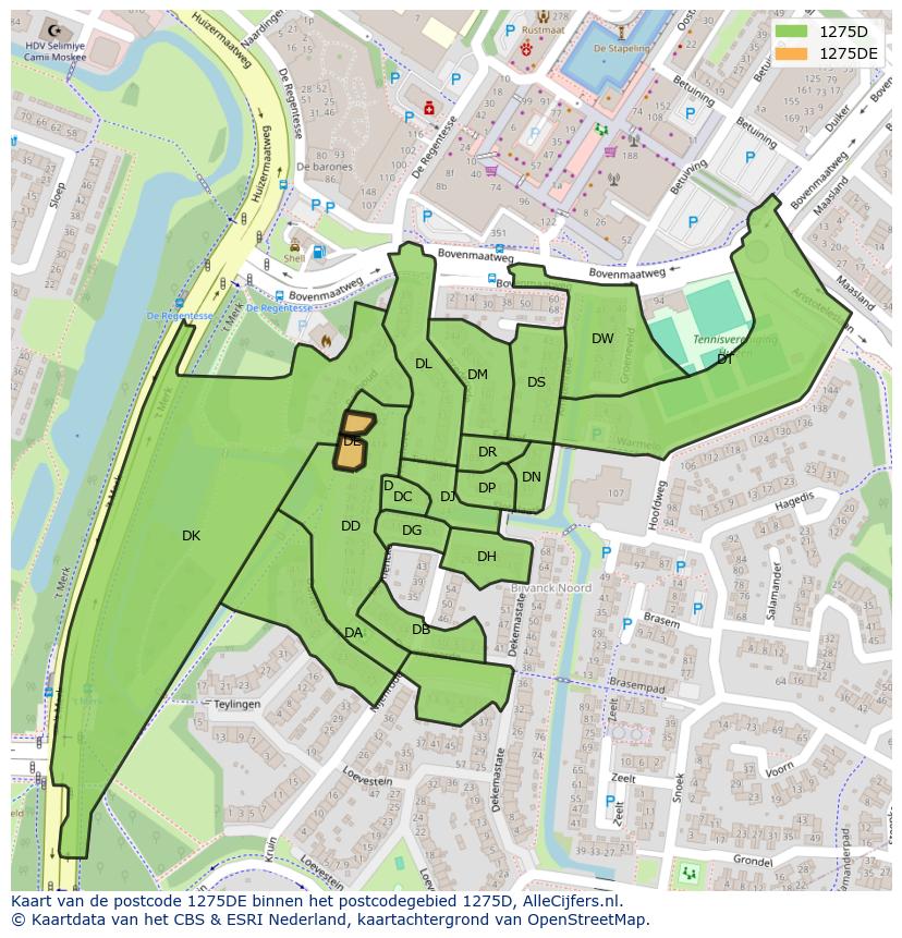 Afbeelding van het postcodegebied 1275 DE op de kaart.