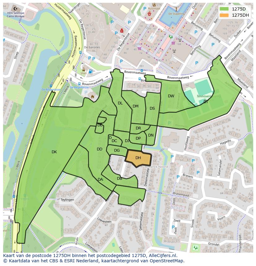 Afbeelding van het postcodegebied 1275 DH op de kaart.
