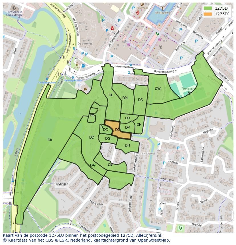 Afbeelding van het postcodegebied 1275 DJ op de kaart.