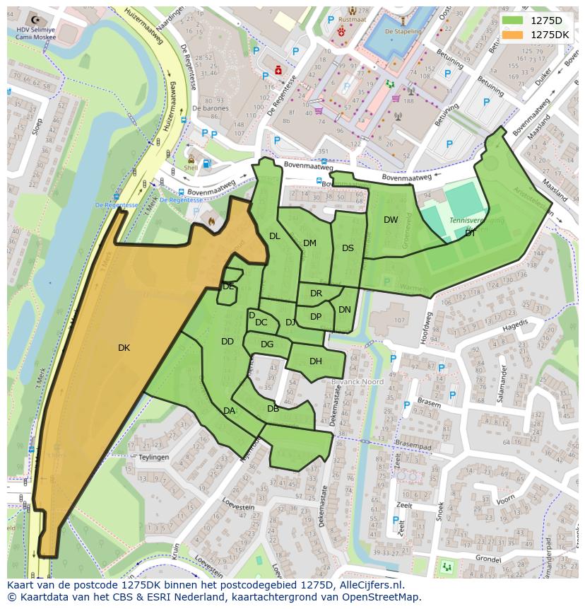 Afbeelding van het postcodegebied 1275 DK op de kaart.