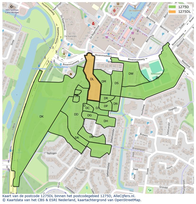 Afbeelding van het postcodegebied 1275 DL op de kaart.