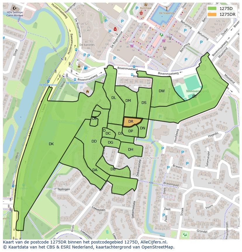 Afbeelding van het postcodegebied 1275 DR op de kaart.