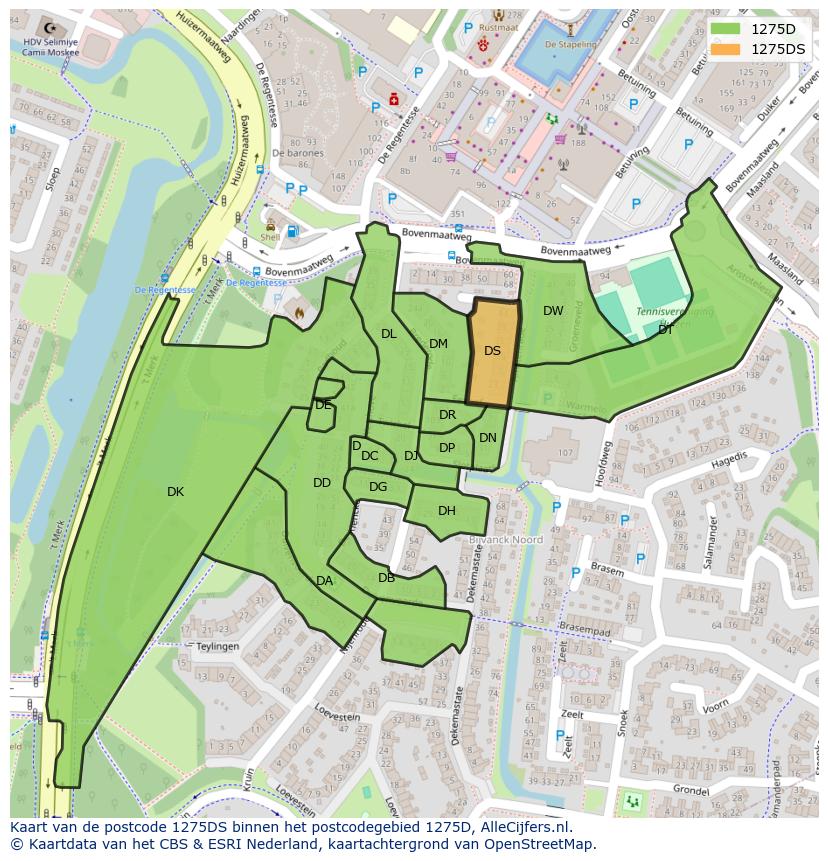 Afbeelding van het postcodegebied 1275 DS op de kaart.