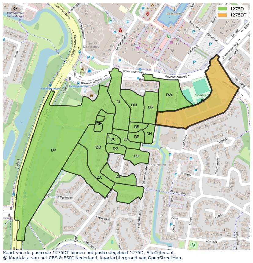 Afbeelding van het postcodegebied 1275 DT op de kaart.