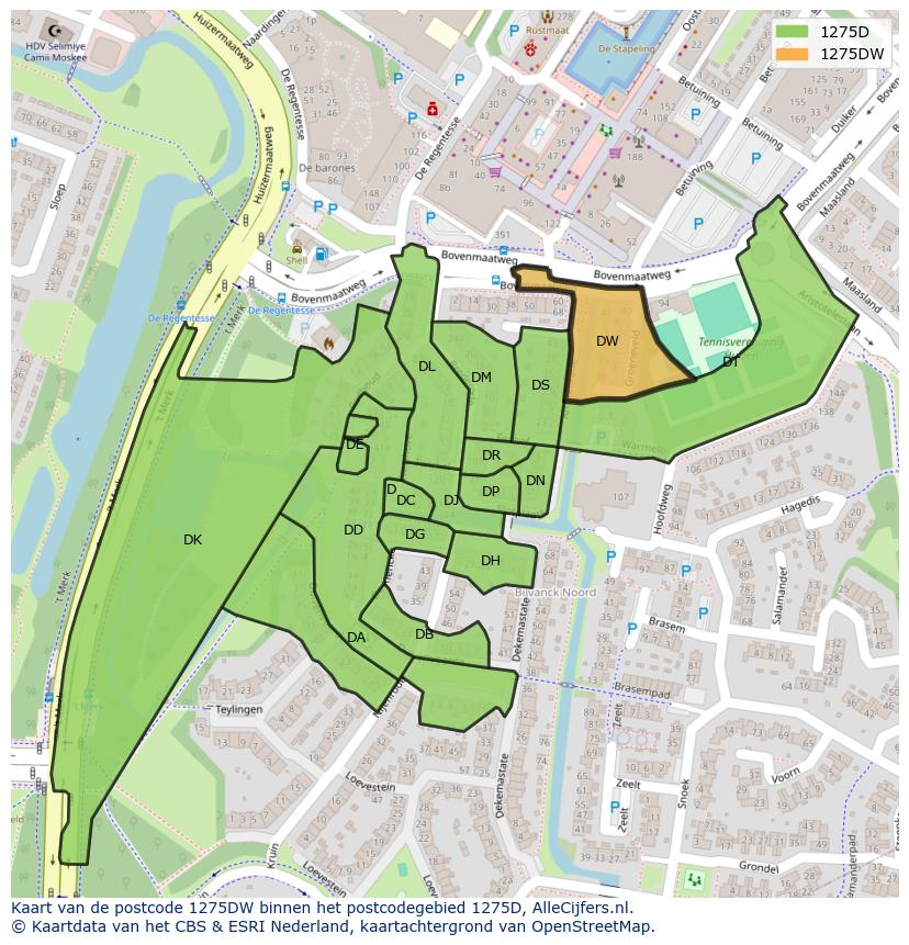 Afbeelding van het postcodegebied 1275 DW op de kaart.